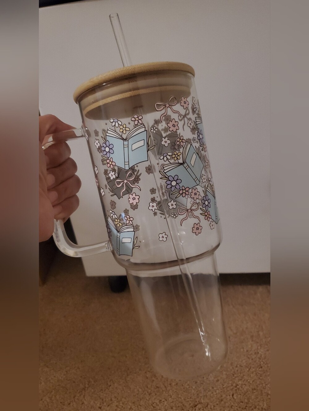 Clear Floral & Book Glass Tumbler with Straw And Bamboo Lid